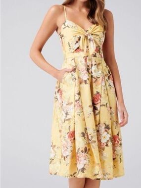 Forever New Mia Linen Blend MIDI Dress Yellow Floral Tie-Front Size 8 Pleated